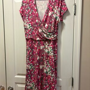 Lands' End Pink and White Floral Midi Dress v-neck with wrap silhouette size 18+